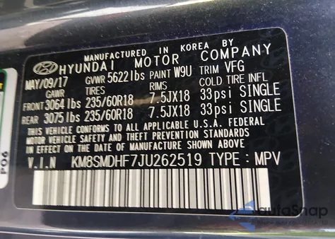 2018 Hyundai Santa Fe Se z USA, uszkodzony, nr VIN KM8SMDHF7JU262519